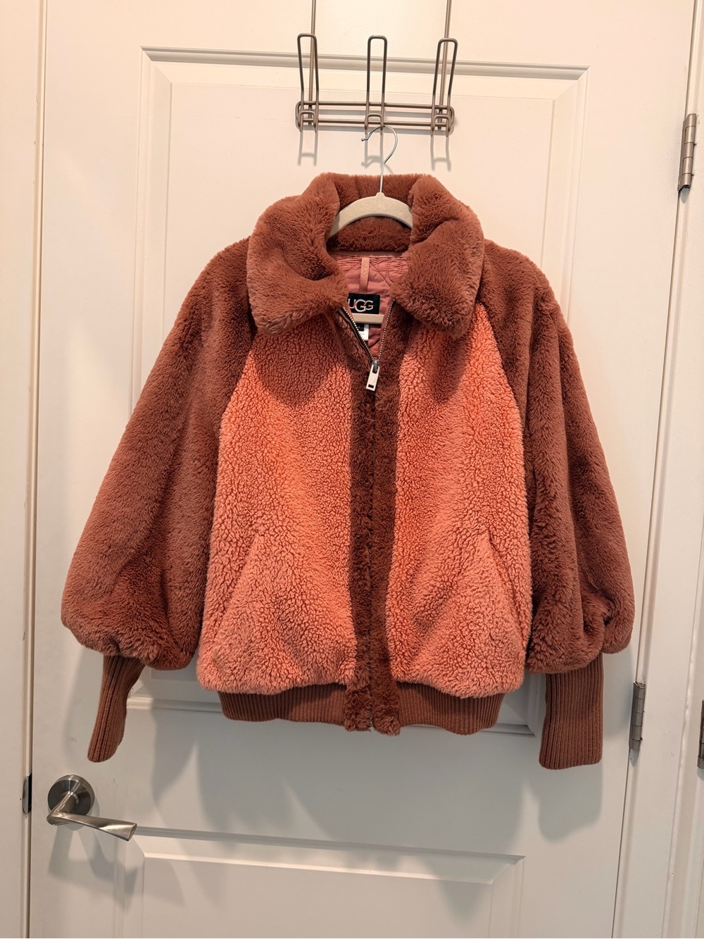UGG Augusta Faux Fur & Faux Shearling Sherpa Baseball Jacket Size S